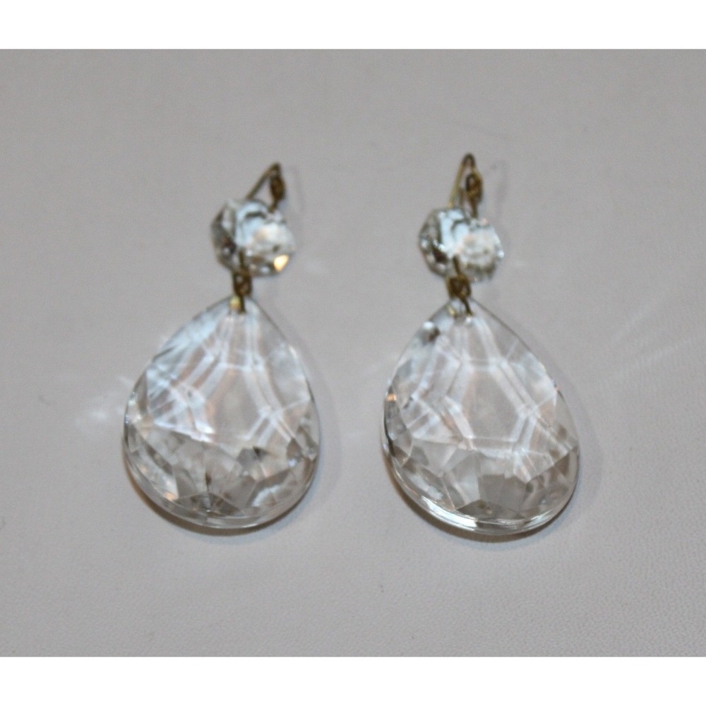 set of 10 vintage chandelier prisms clear glass teardrop faceted 2-piece - Picture 8 of 13